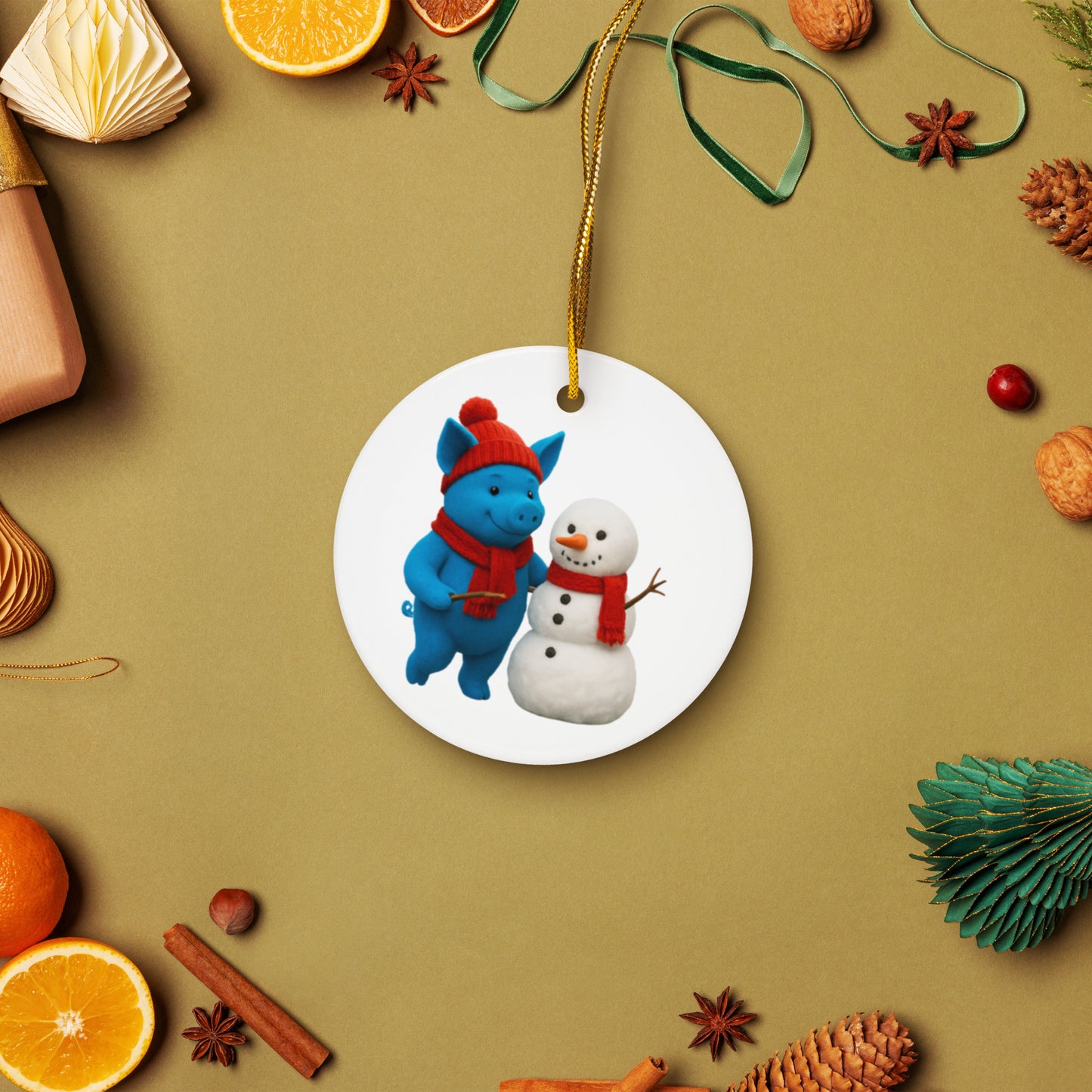 Blue Pig and Snowman ornaments